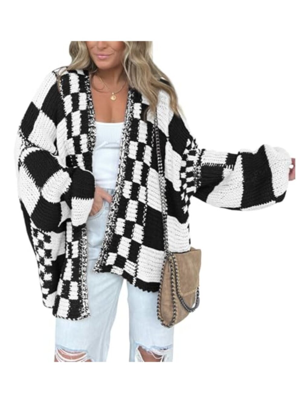 Womens Chunky Knit Cardigan Sweater Open Front Ribbed Knit Loose Fit